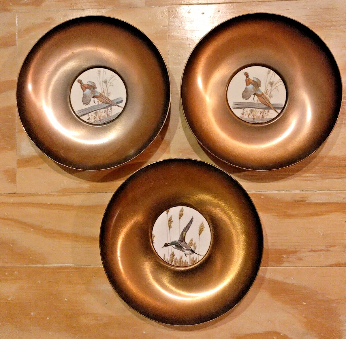 Vintage Brass Serving Bowl Tableware Brushed Gold Lot Of 3 Flying Pheasant Bird