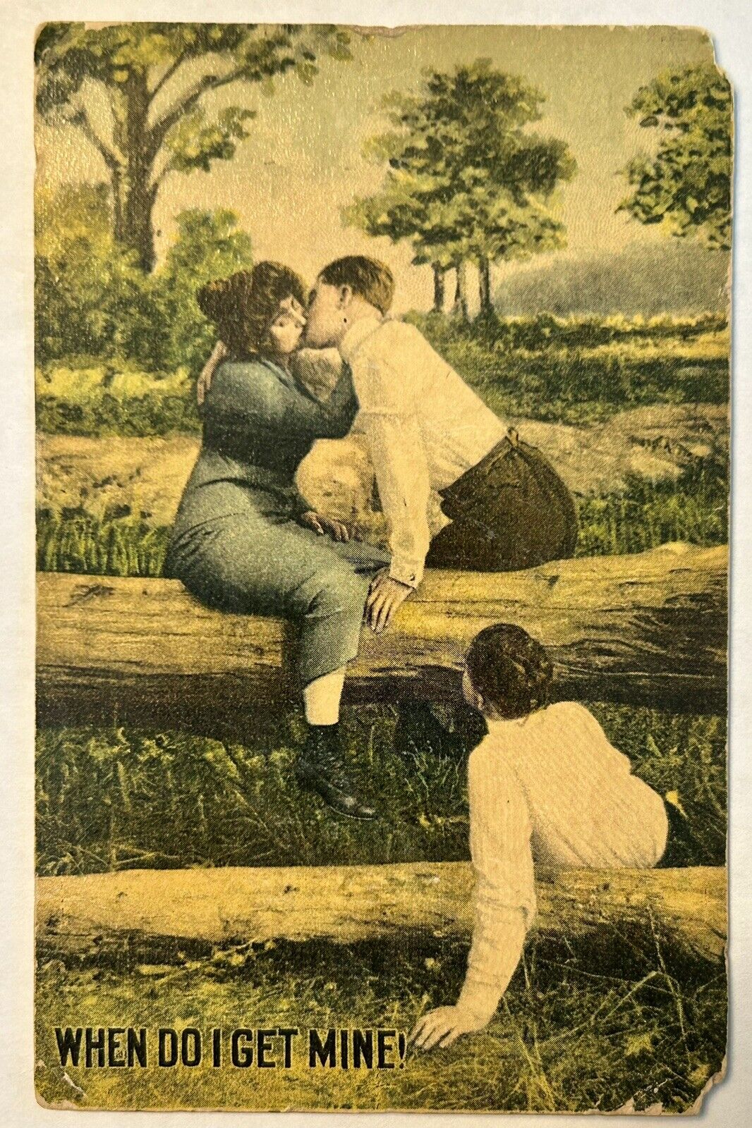 Vintage Early 1900s Postcard. Man Watches Couple Kiss. “When Do I Get Mine”