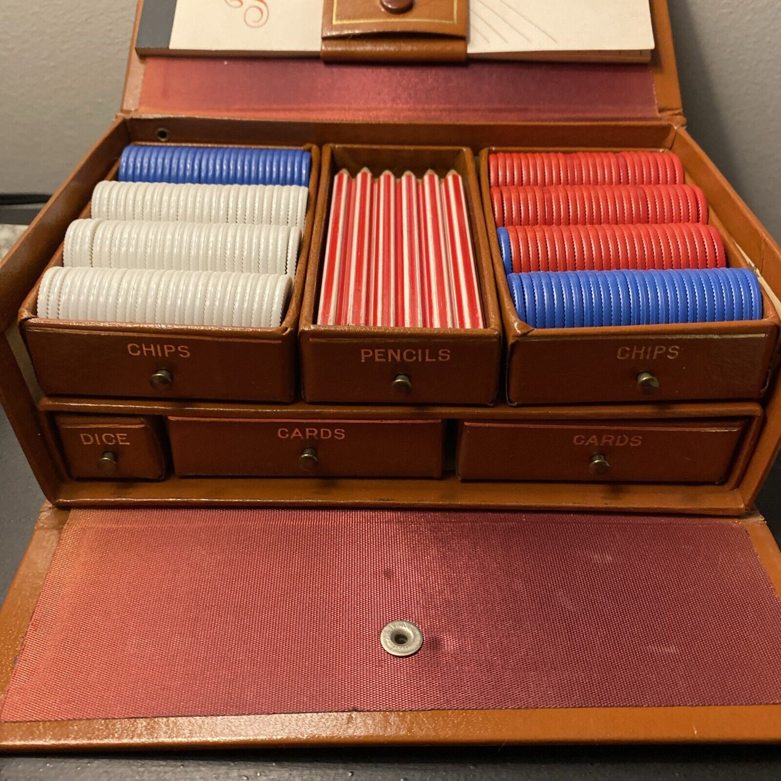 Vintage Poker Chip/Bridge Game Set Travel Box Includes Dice Pencils,Cards,Chips