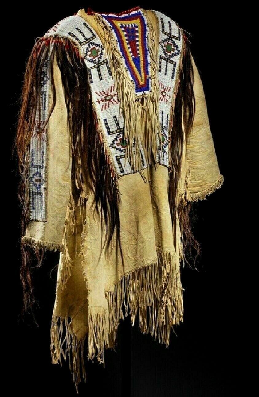 Old Style Beige Buckskin Suede Hide Fringes Beaded Powwow War Shirt NHS02