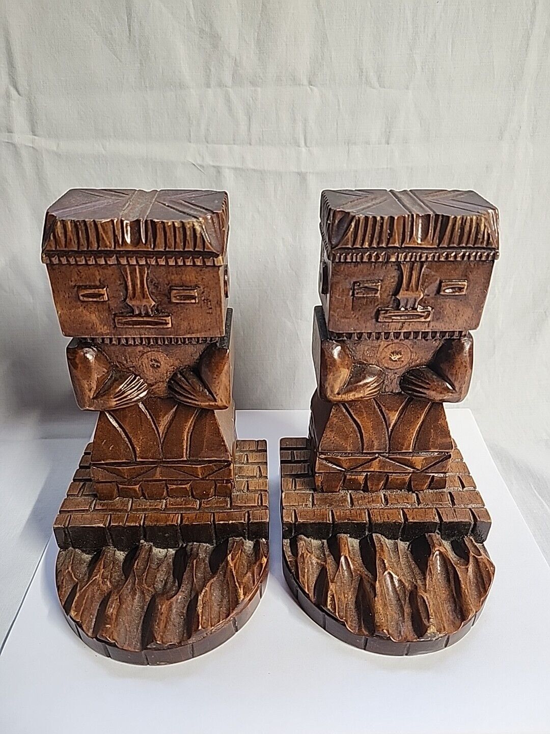 Vintage Aztec Mayan Style Hand Carved Wood Book Ends