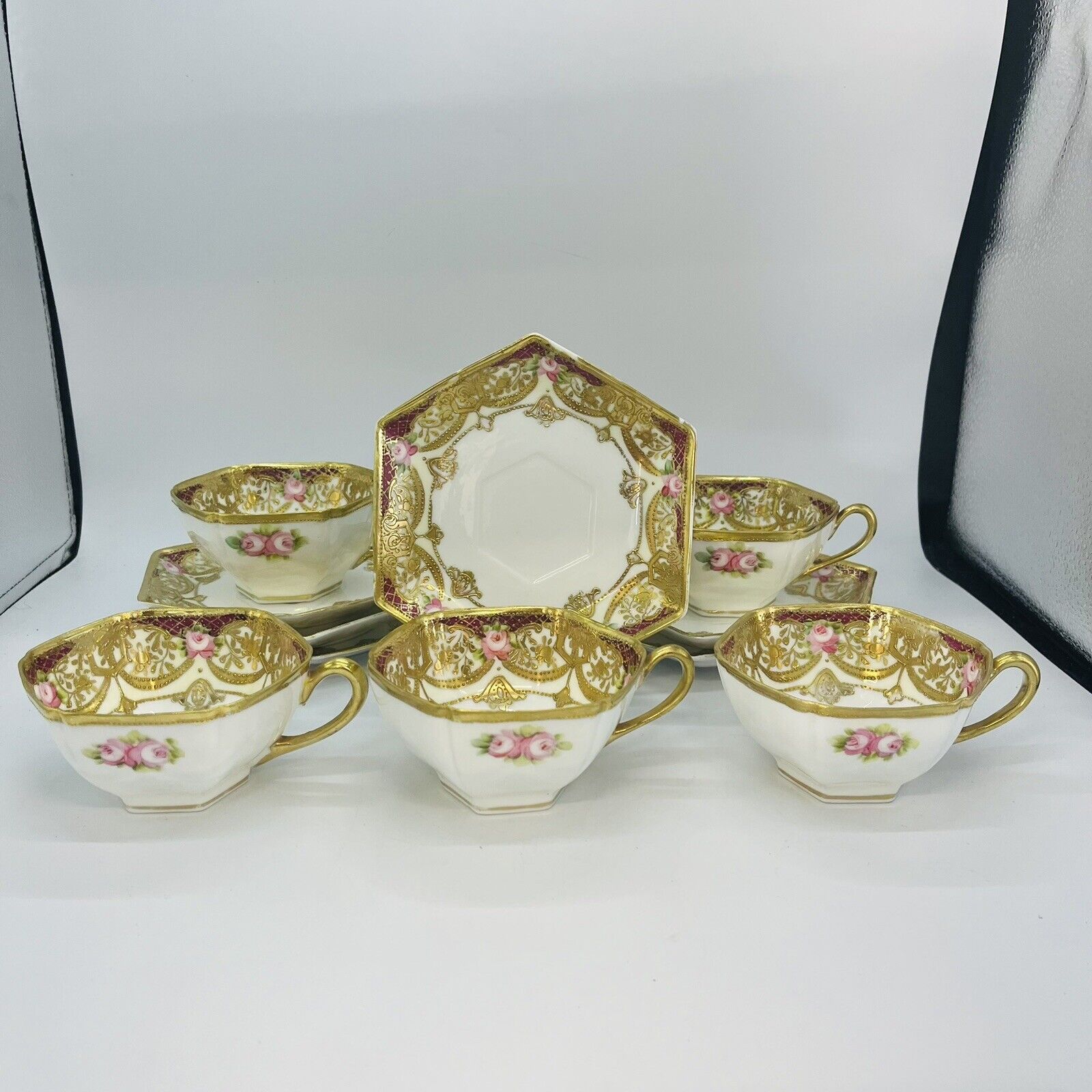 Antique Nippon Hand Painted Tea Cup & Saucer Pink Gold Moriage Set Of 5