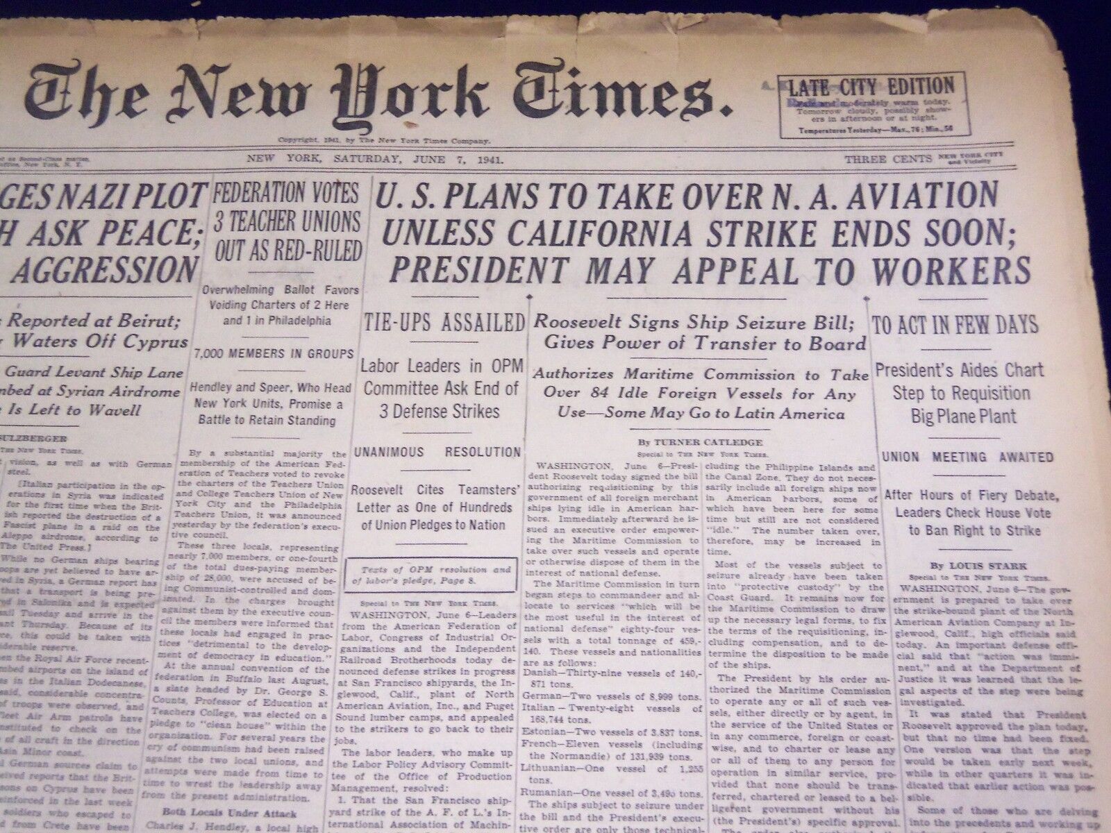 1941 JUNE 7 NEW YORK TIMES - U. S. PLANS TO TAKE OVER N. A. AVIATION - NT 1348