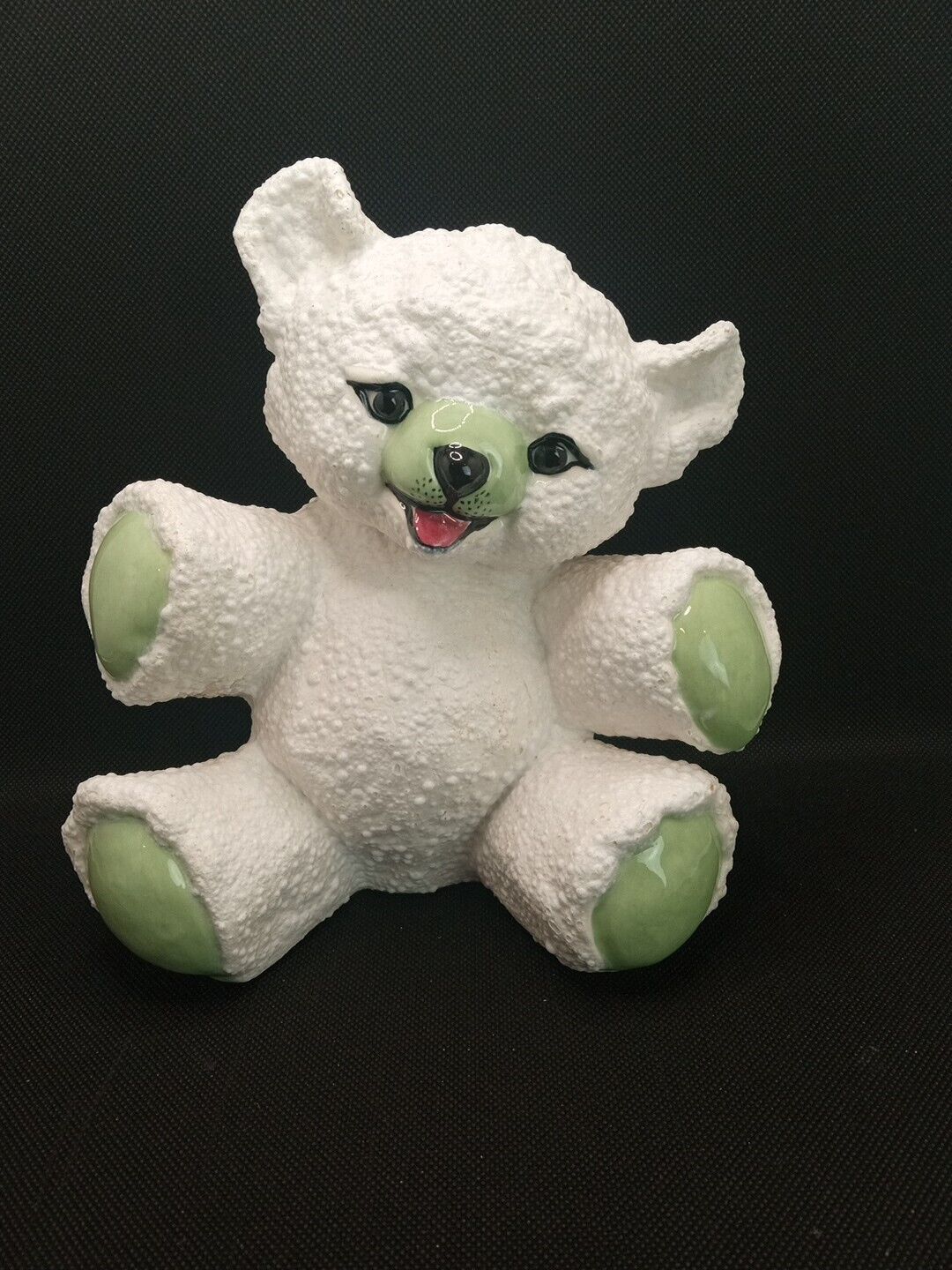 Vintage Textured Ceramic RW Teddy Bear White And Green 8.5 In Tall