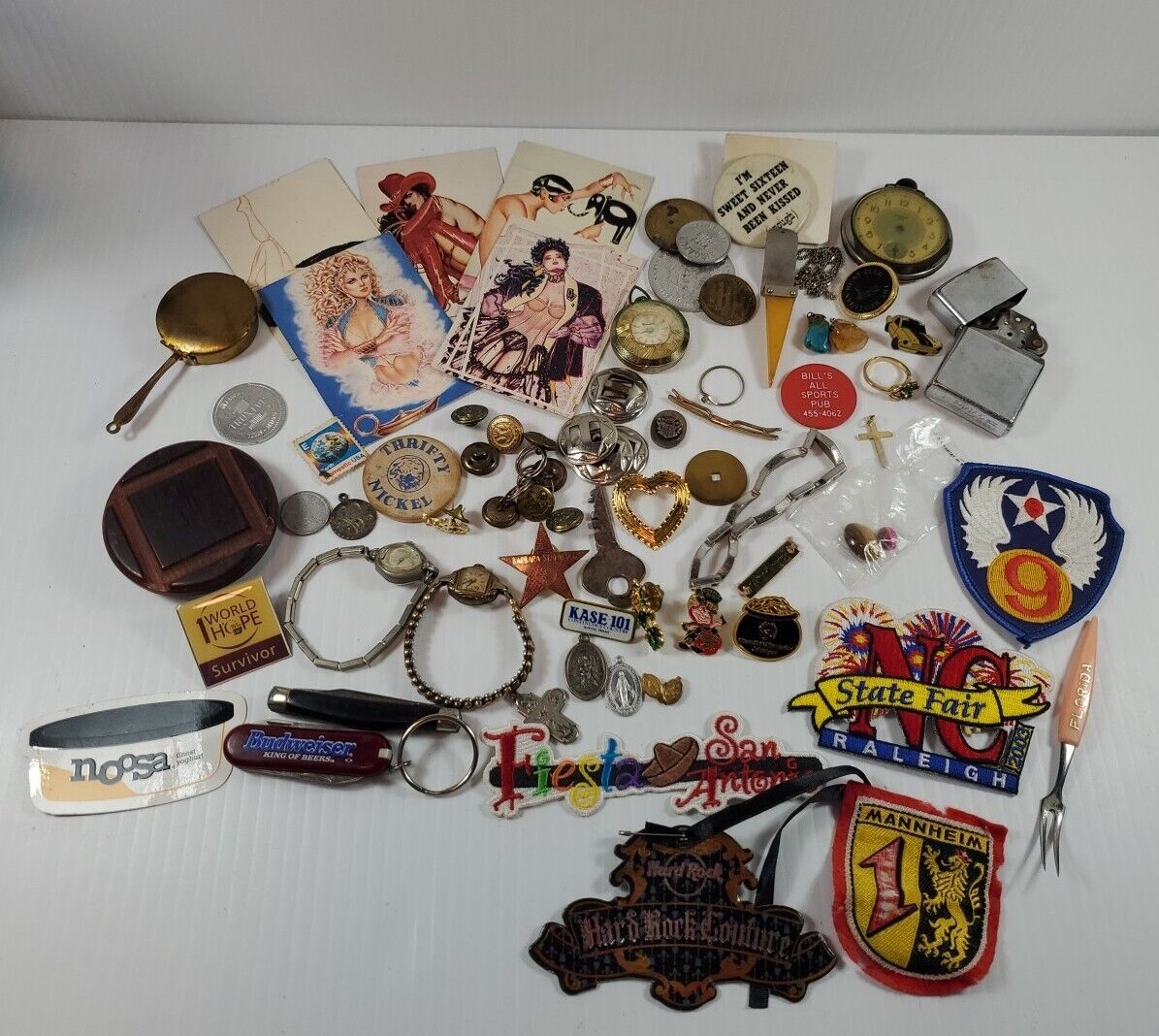 Vintage Junk Drawer Collection Watches Lighter Patch Button Old Cool Stuff