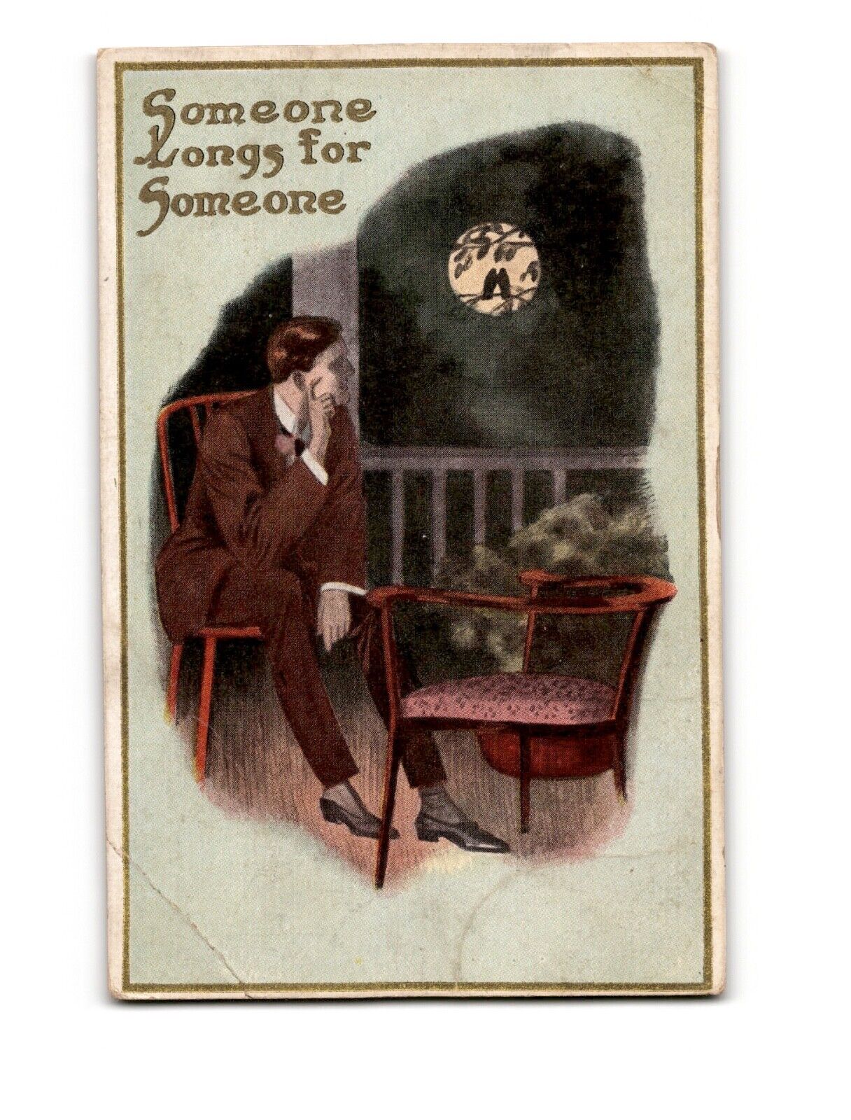 Antique Postcard: Man Pondering Under Moonlight - 'Someone Longs for Someone