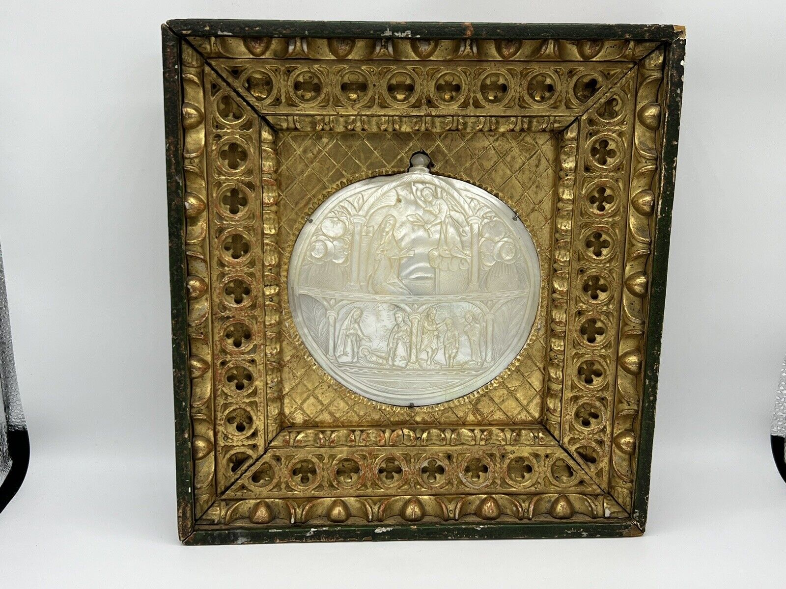 Antique Gilt Wood Framed Hand Carved Large Shell Mother of Pearl Nativity Scene
