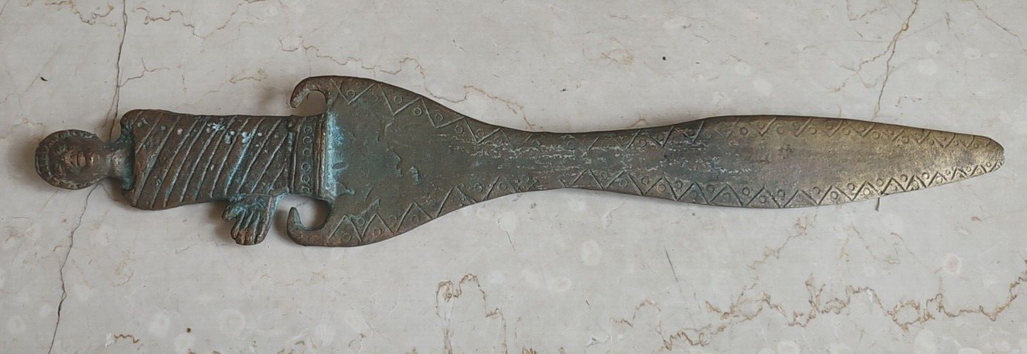 Antique Ancient Bronze Flat Sword Figural Handle 17\