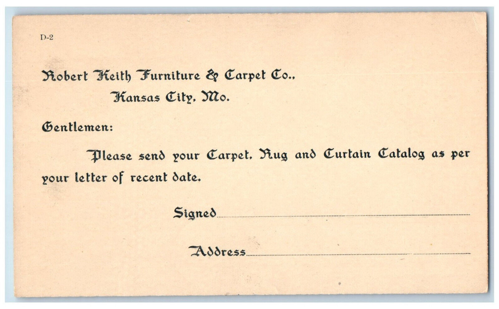 c1880\'s Robert Keith Furniture & Carpet Co. Kansas City Missouri MO Postal Card