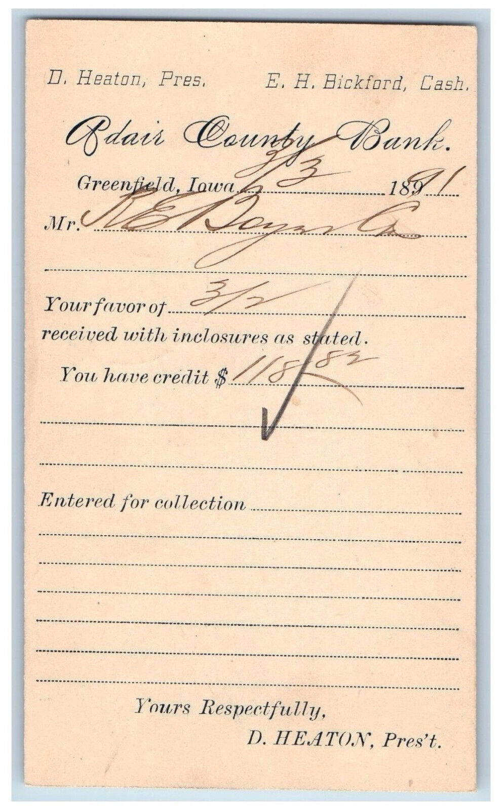 Greenfield Iowa IA Creston IA Postal Card Adair County Bank 1891 Antique