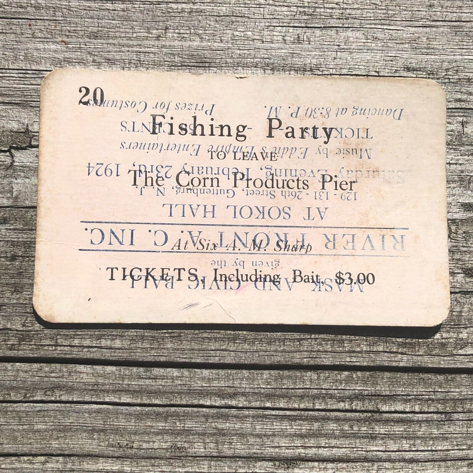 1924 Vintage Edgewater NJ Corn Products Pier Fishing Ticket Double Printed M5