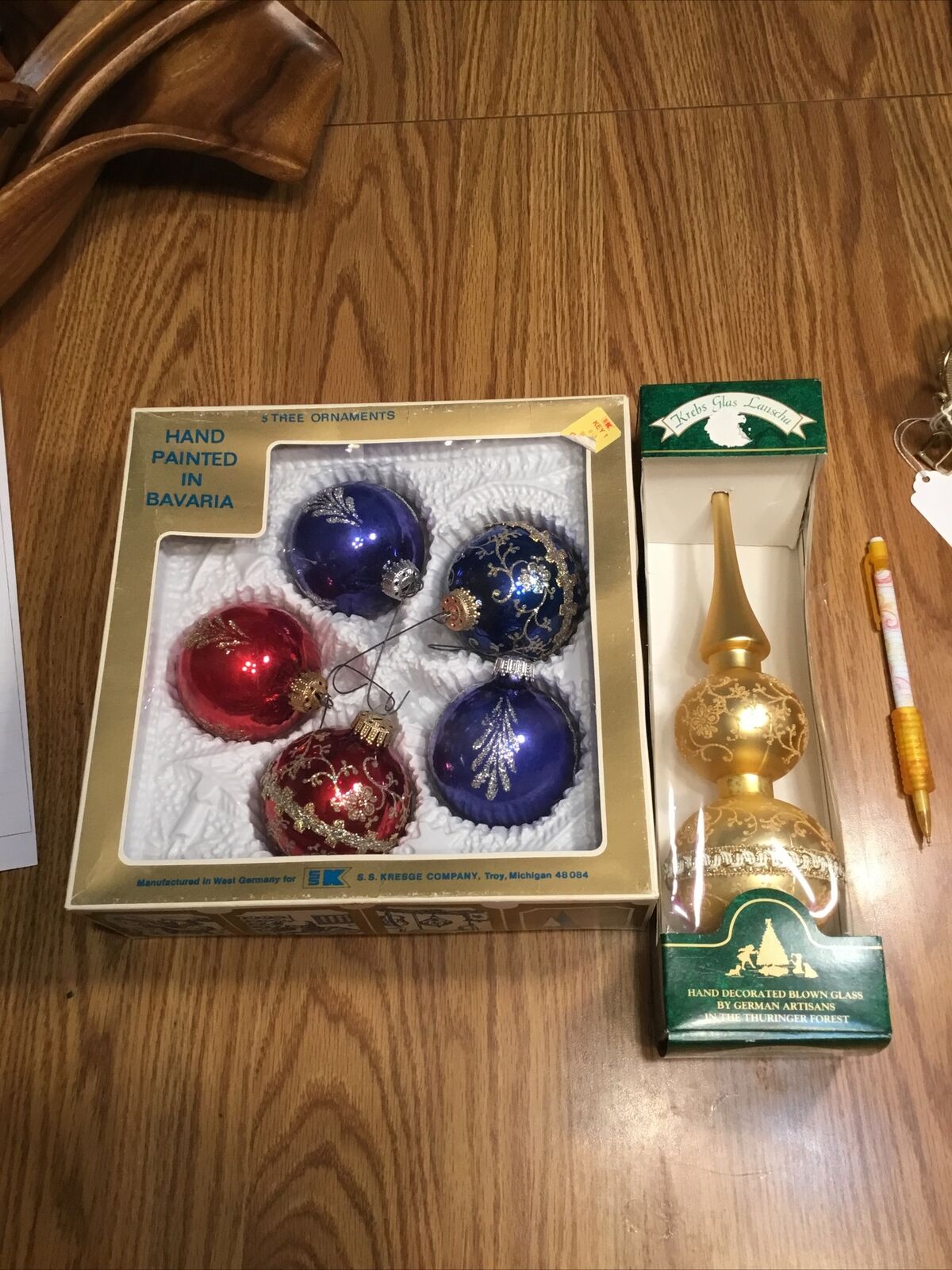 Vintage Christmas Ornaments Gold Treetop 5 Blue And Red Balls
