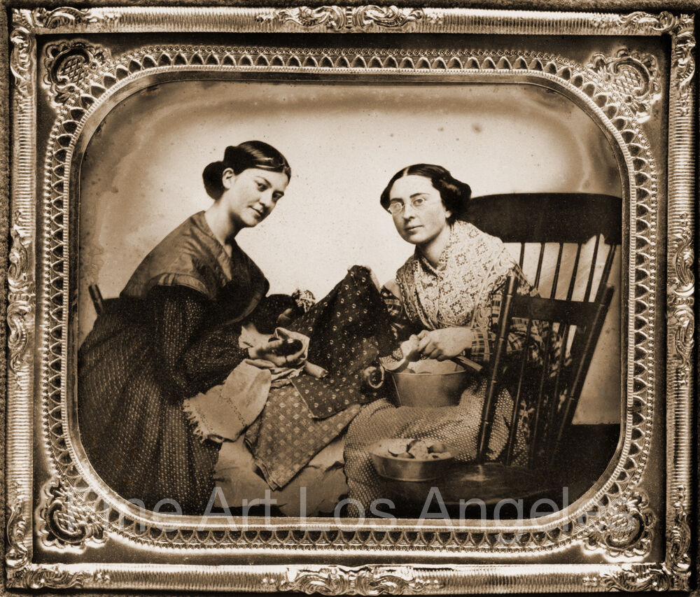  Photo of Daguerreotype, two women quilting, paring, 1850