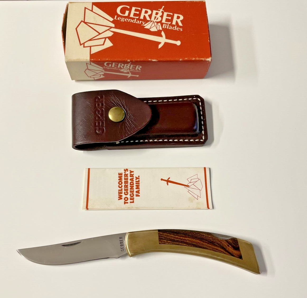 Gerber Sportsman II Folding Knife Brass Wood Sheath USA 1980