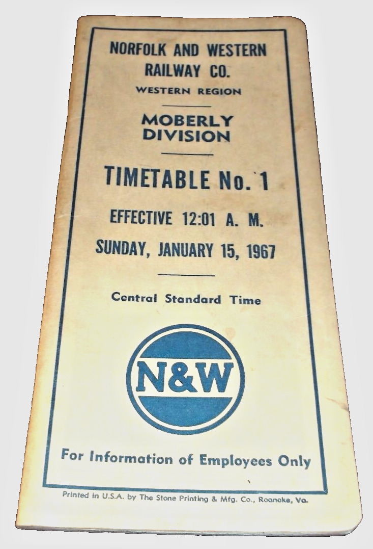 JANUARY 1967 NORFOLK & WESTERN N&W MOBERLY DIVISION EMPLOYEE TIMETABLE #1