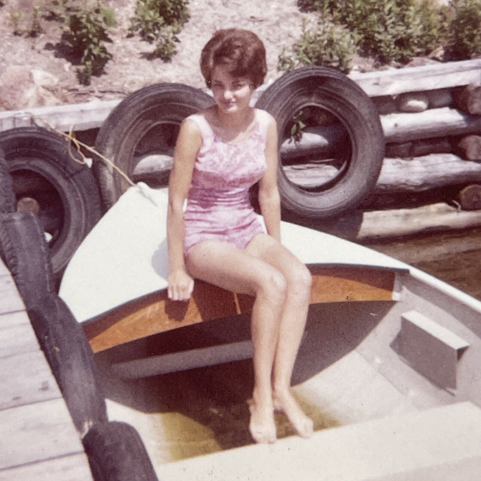 Vintage 1960s Shy Woman In Bikini Smiles At Husband Color Photograph Photo V2588