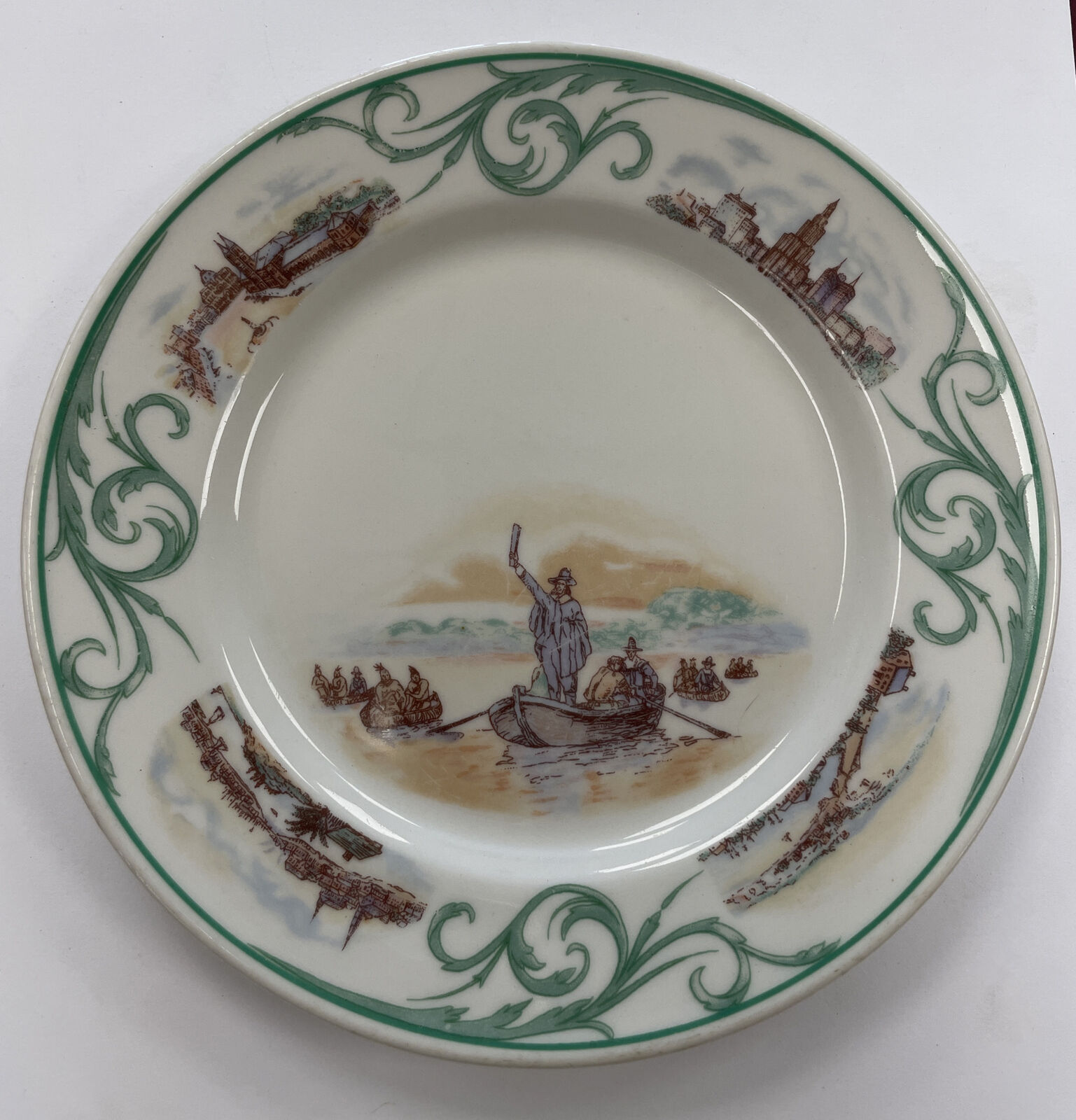 VINTAGE LAMBERTON SCAMMELL PORCELAIN PLATE.PILGRIMS AND NATIVE AMERICANS.RARE