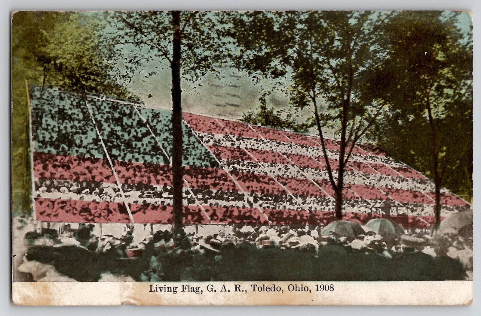 1908 Patriotic Living American Flag G.A.R. GAR Toledo OH Ohio Postcard July 4th