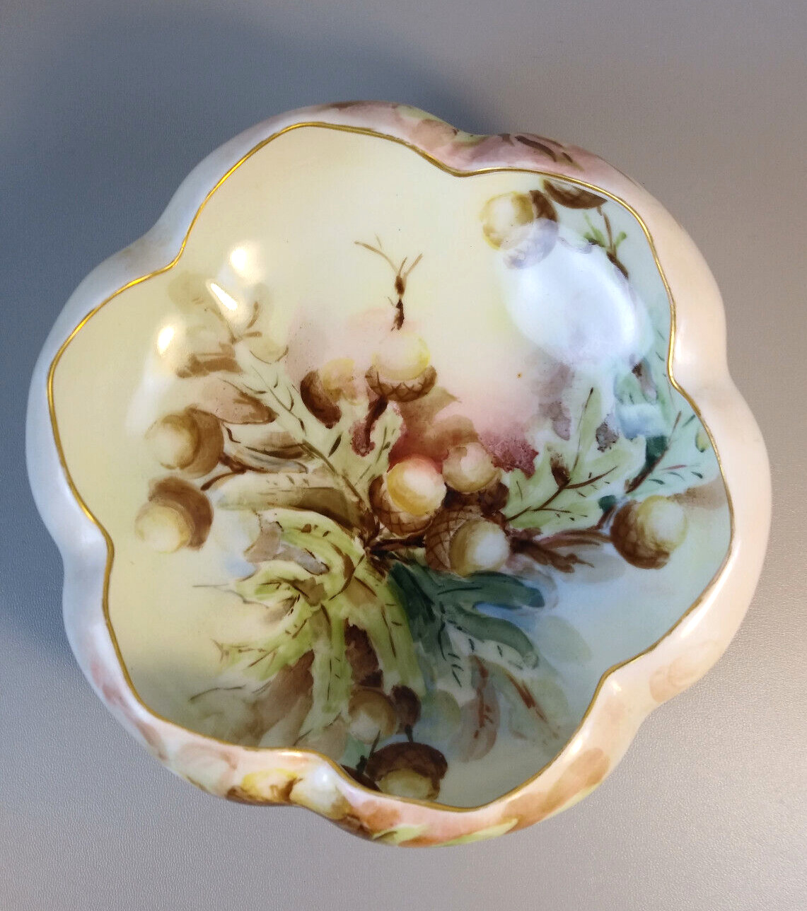 Vintage OE&G Royal Austria Porcelain Footed Bowl Gold Trim Oak Leaf Dish