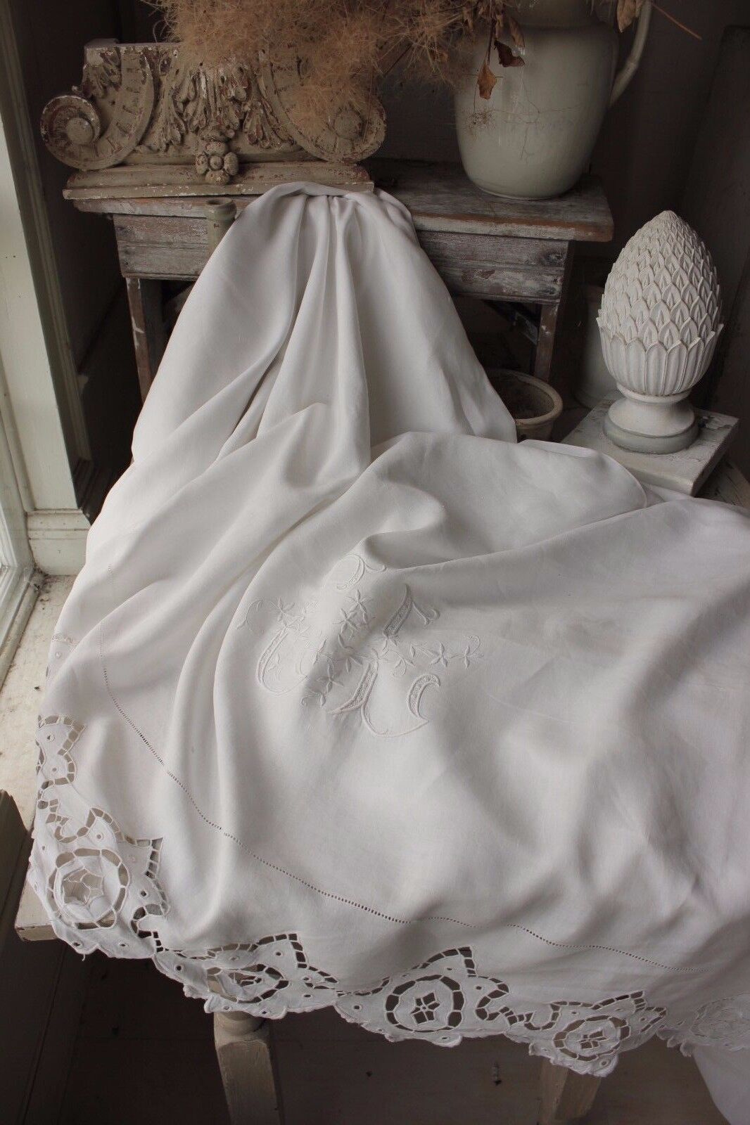 Antique French linen sheet trousseau FINE Fil  GL STUNNING finely woven 92 X 130