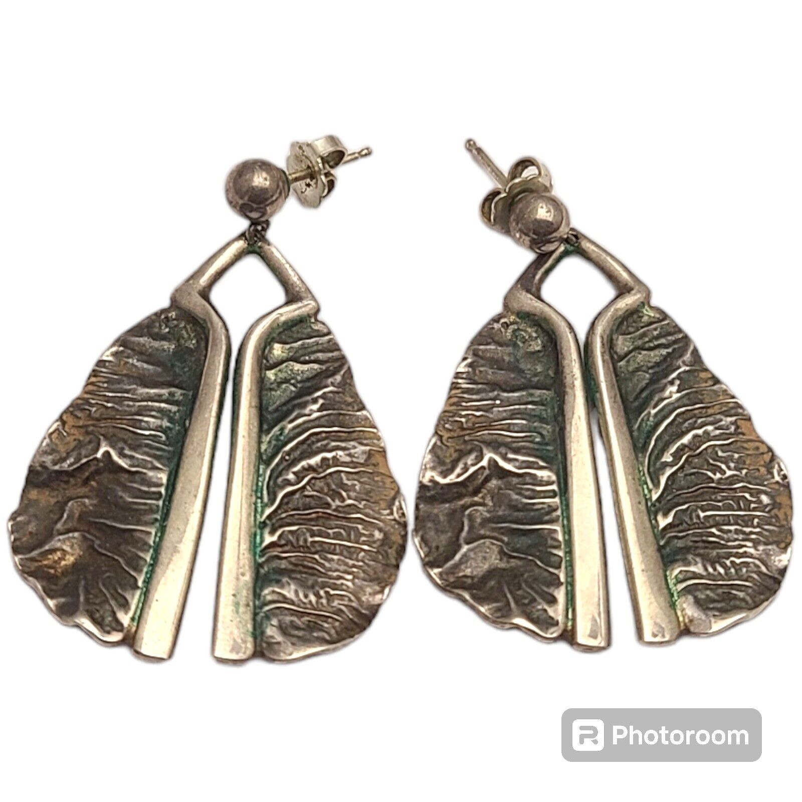 Navajo  Sterling Silver Hand Carved Squash Blossom Leaf Earrings