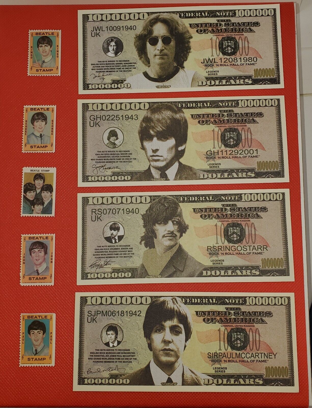 Original 1964 Hallmark Beatles Set of 5 Stamps and Beatles Novelty Money