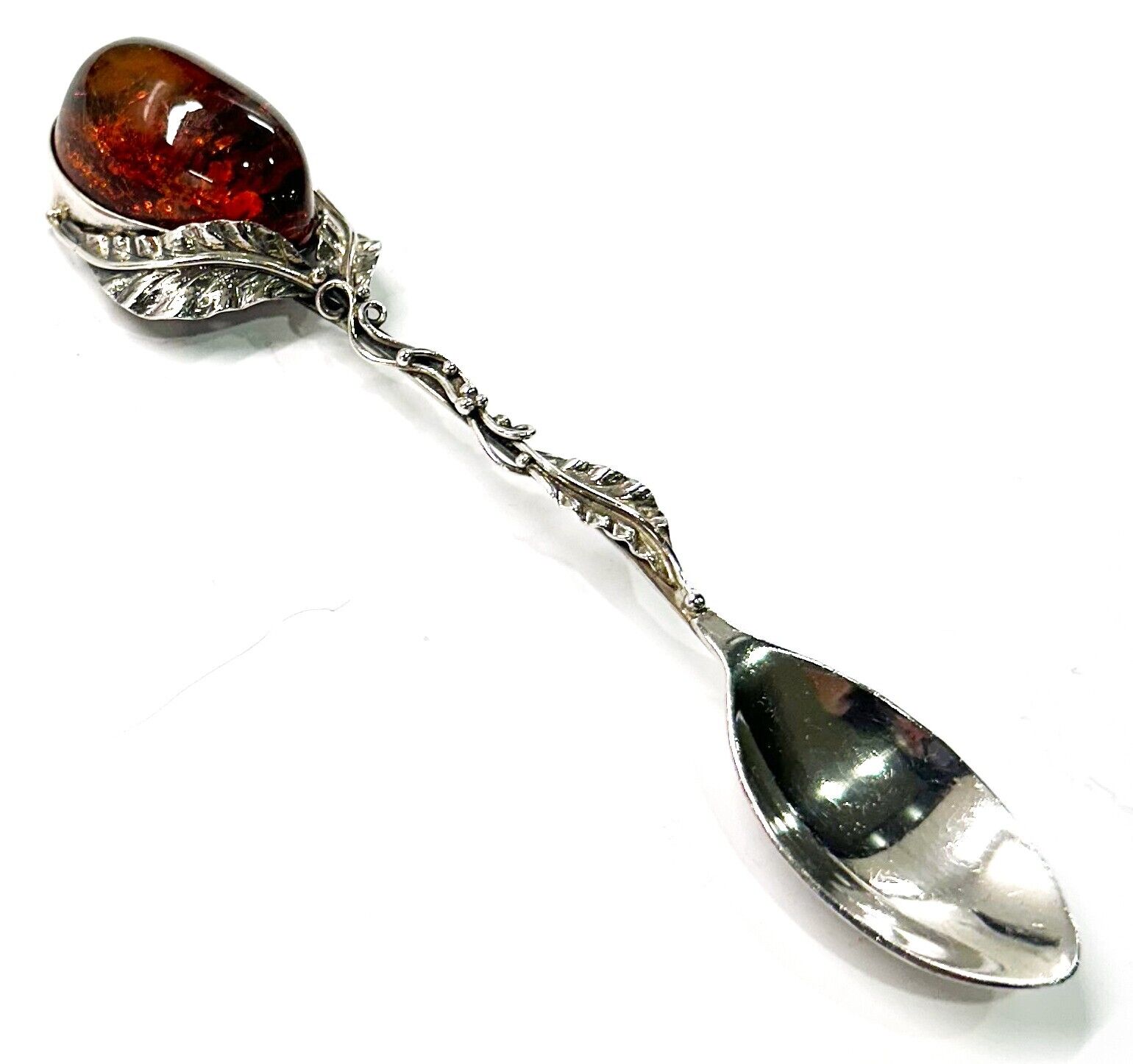 925 Solid Sterling Silver Natural Cognac Baltic Amber Floral Design Nice Spoon