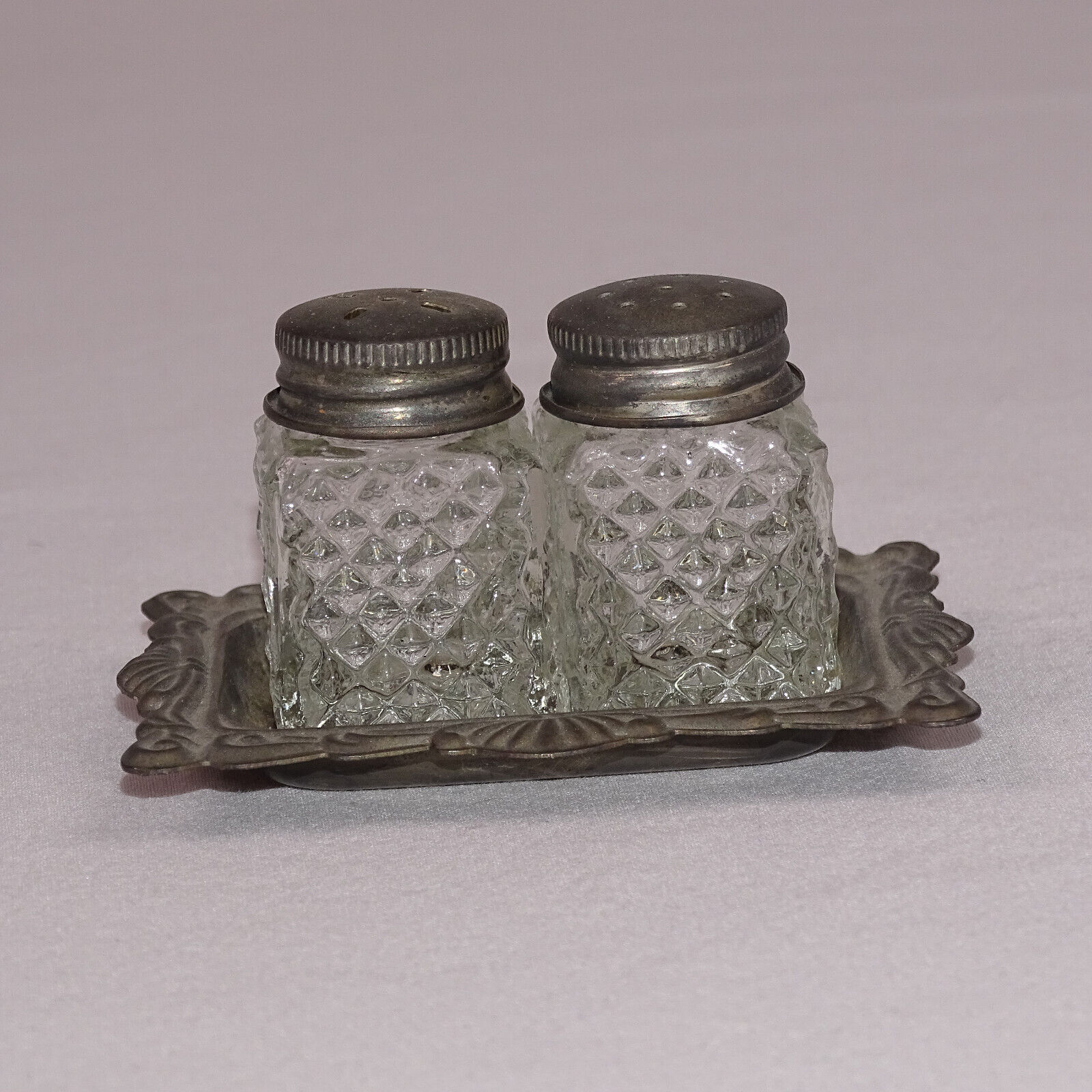 Vintage Unbranded Mini Cut Clear Glass Salt Pepper Shakers W/Silver Plated Tray 