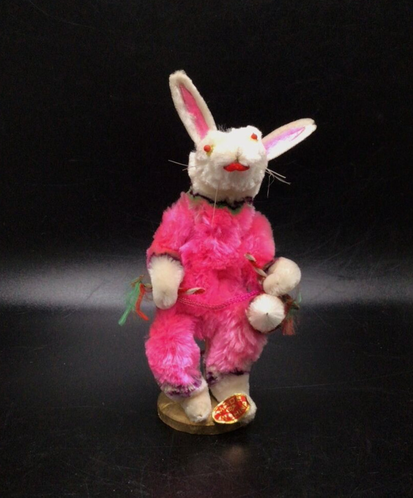 Vintage Easter Bunny Figure Wired Chenille W Drum Drumsticks 5” MADE IN CHINA