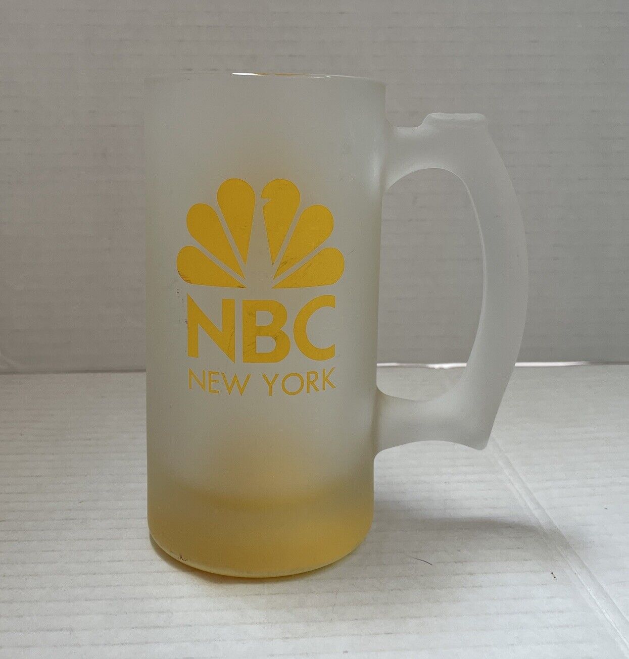 Vintage NBC New York Peacock Television Souvenir Satin Glass Stein Mug Yellow
