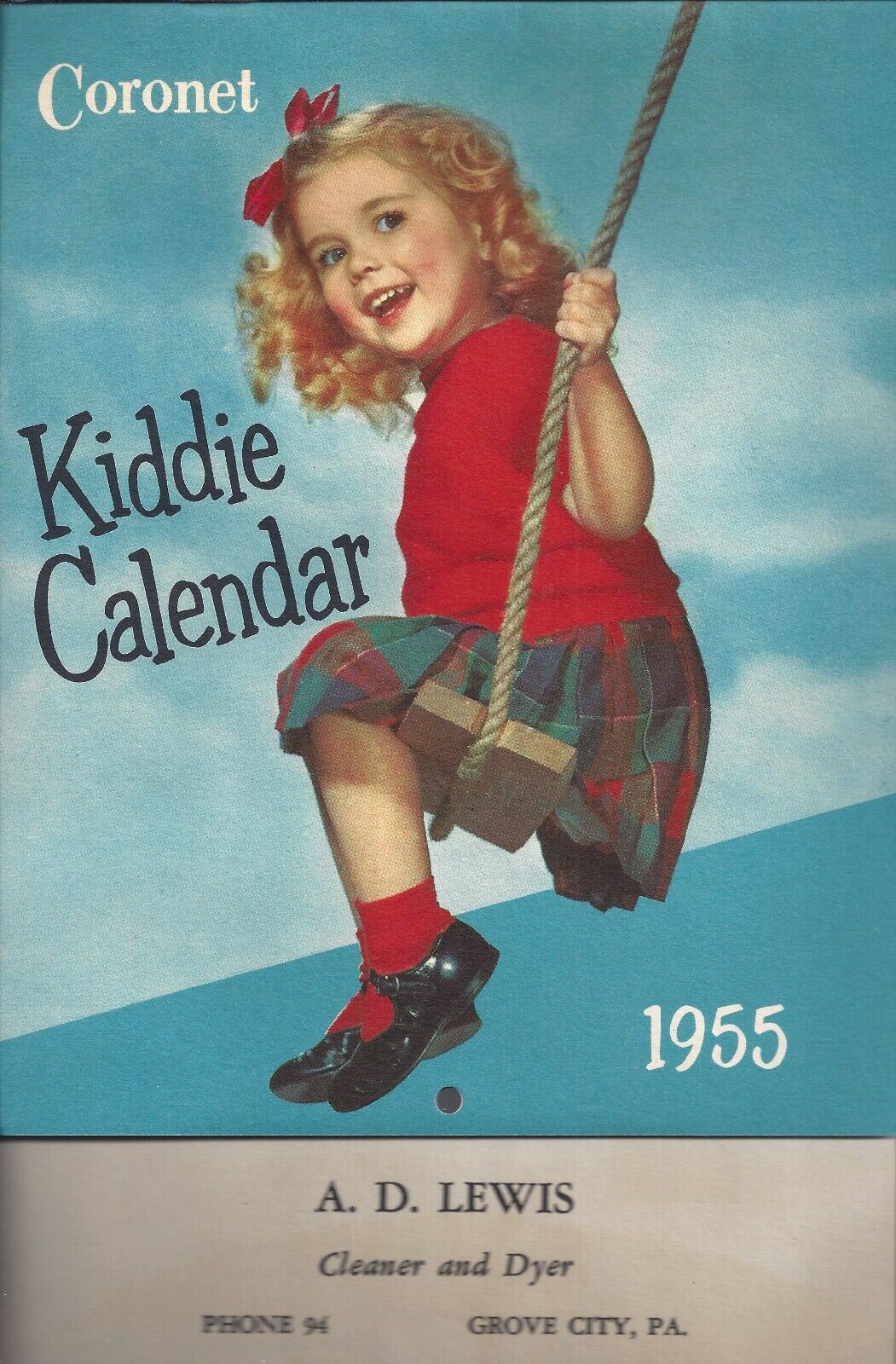 Vintage 1955 Coronet Kiddie Calendar A.D. Lewis Grove City Pa  Advertisement