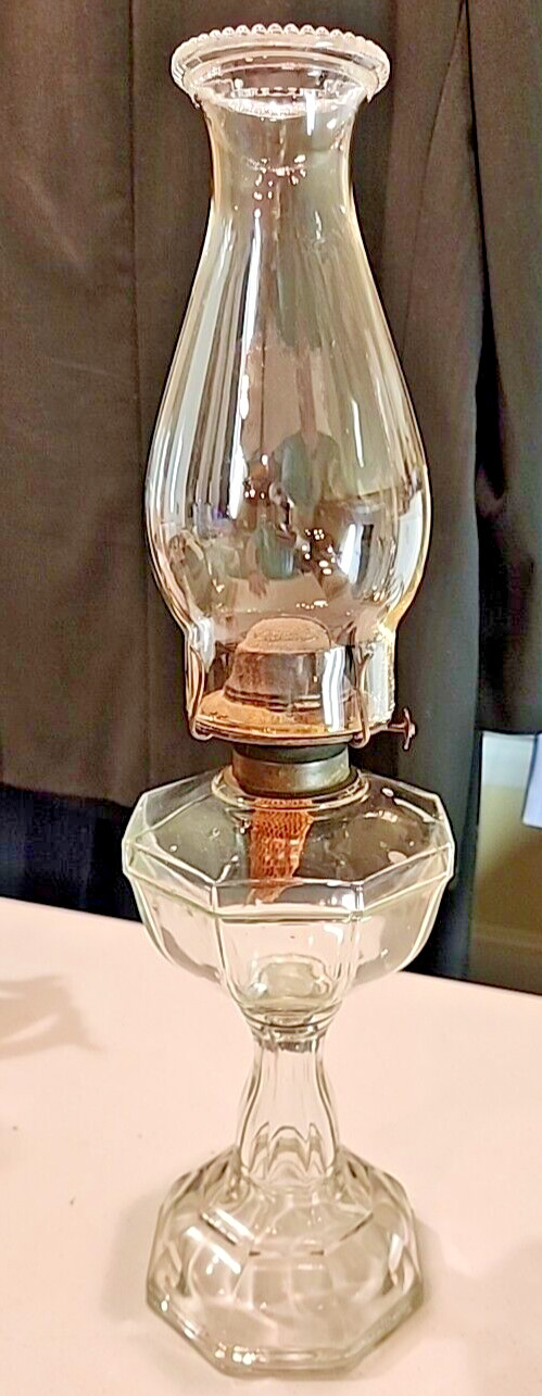 Antique Vintage Clear Glass Paneled Oil Lamp #2 Eagle Burner & 3\