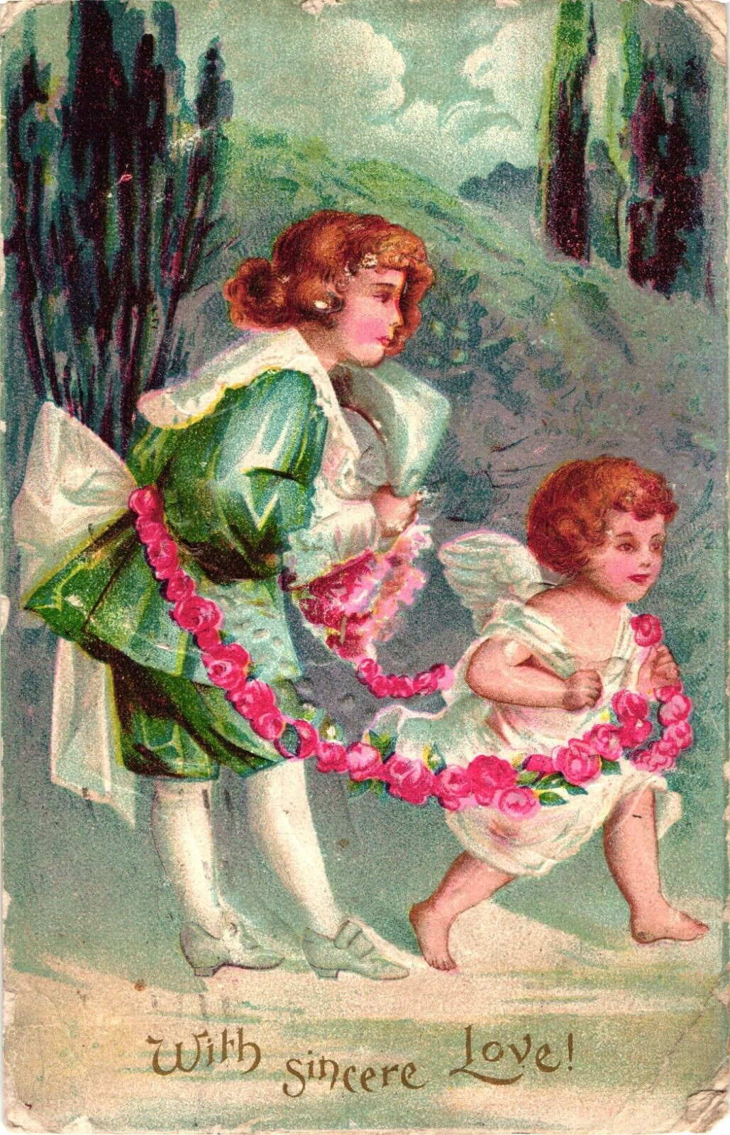 1907 WITH SINCERE LOVE Valentine\'s Day Victorian Child Cherub Embossed Postcard