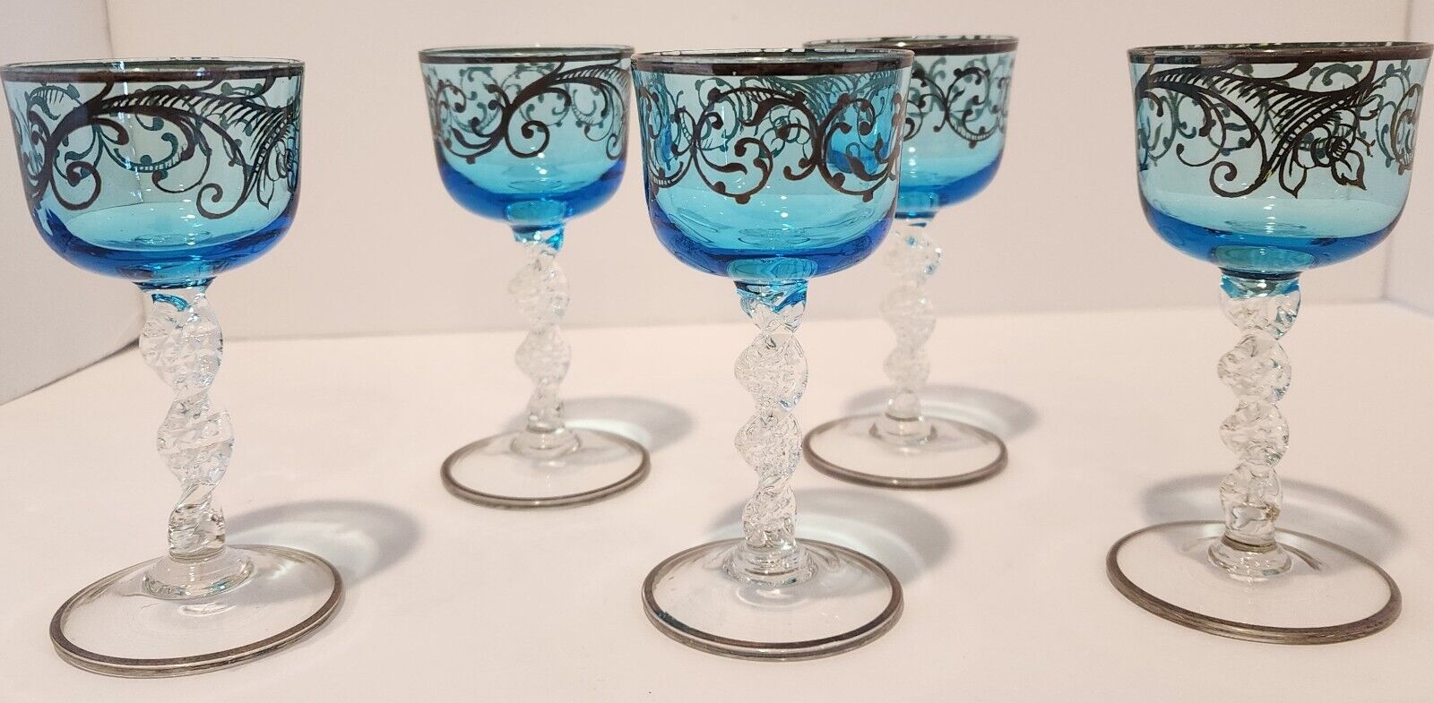 Venetian Italian Hand Blown Sky Blue Aqua Cordial Glasses With Silver Overlay