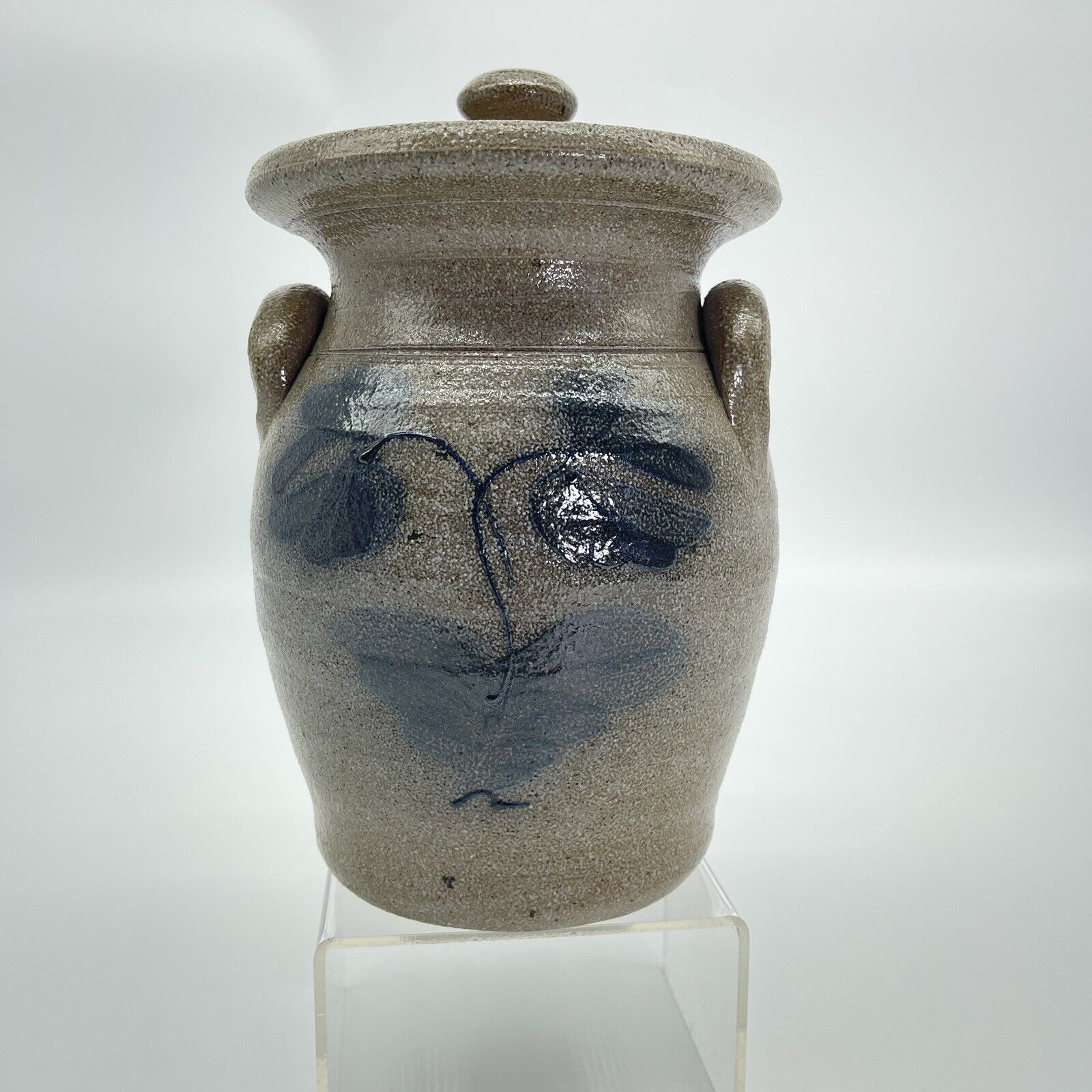 Rockdale Union Salt Glazed Pottery Stoneware Blue Flower Lidded Jar 8.5in Tall