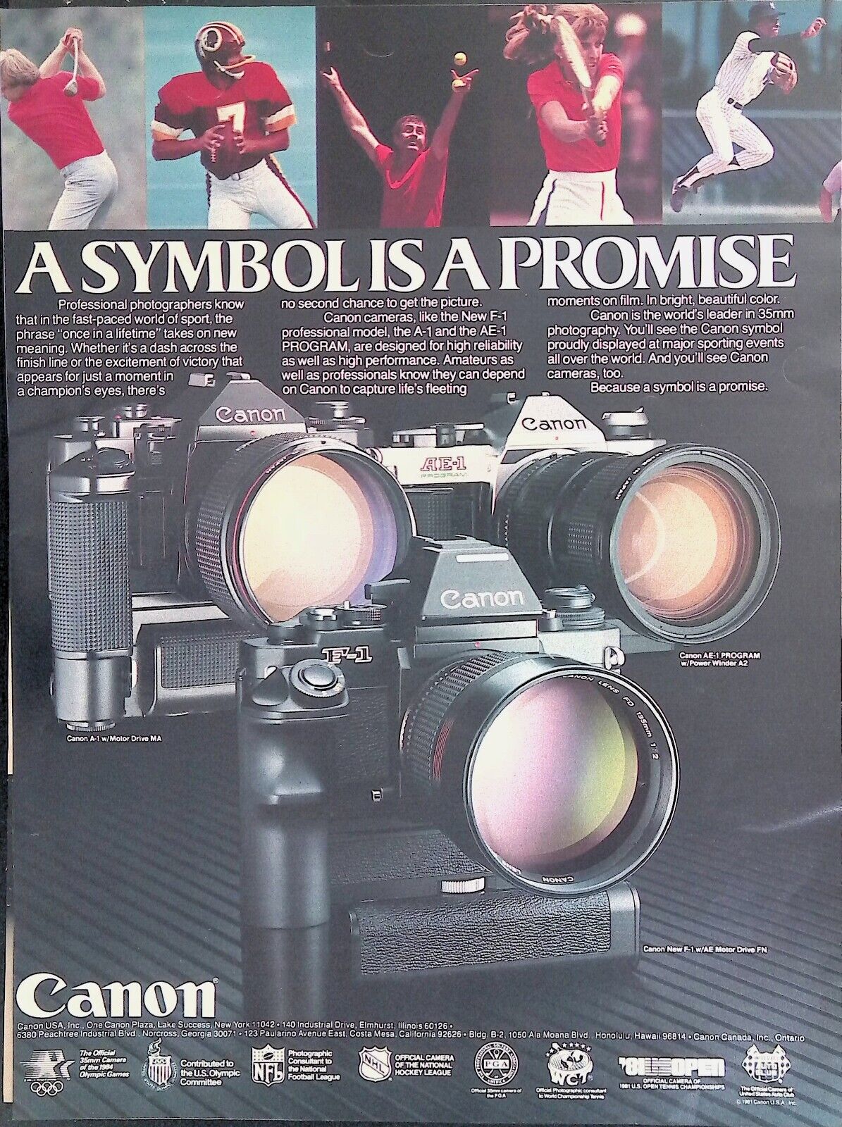 Canon Camera F-1 A-1 Ae-1 Ad 1980S Ad Vtg Print Ad 13X10