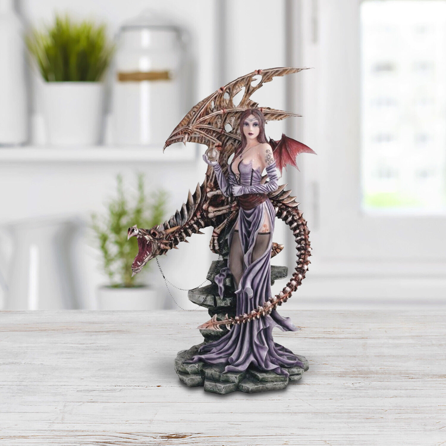 Sculpture Gothic Medieval Fairy with Ghost Dragon Skeleton Statue 26\