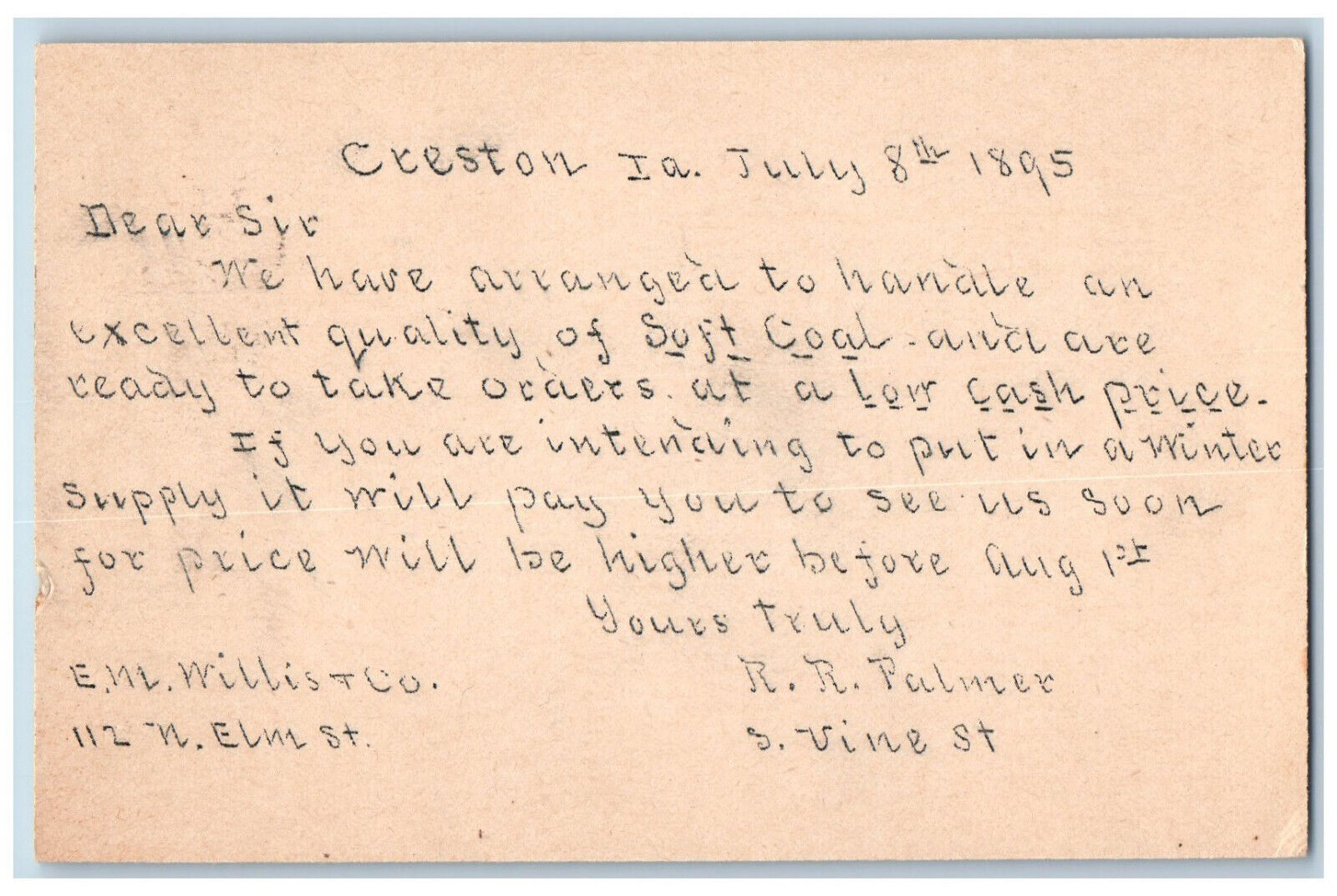 Creston Iowa IA Postal Card EM Millis & Co RR Palmer 1895 Posted Antique