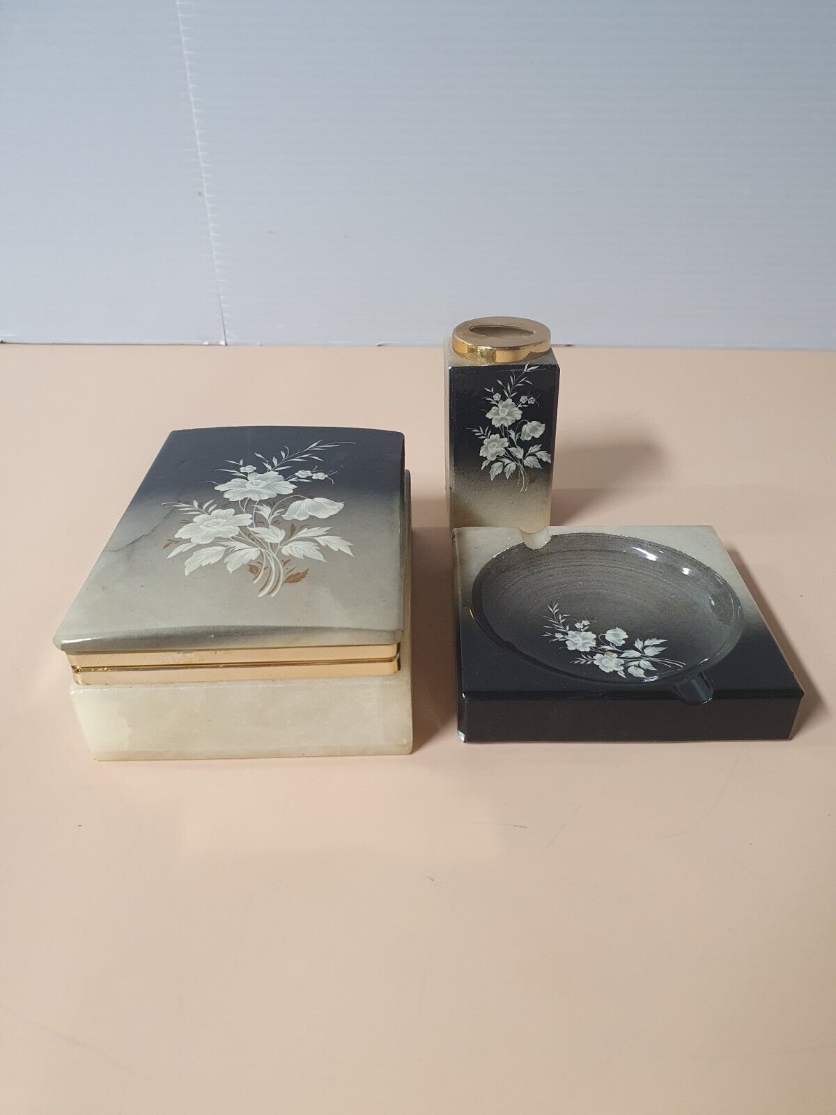Vintage Marble Smoking Set: Tobacco Case, lighter holder and ashtray