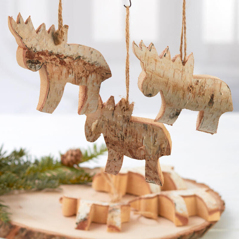 Set of 12 Rustic Birch Wood Moose Hanging Christmas Tree Ornaments