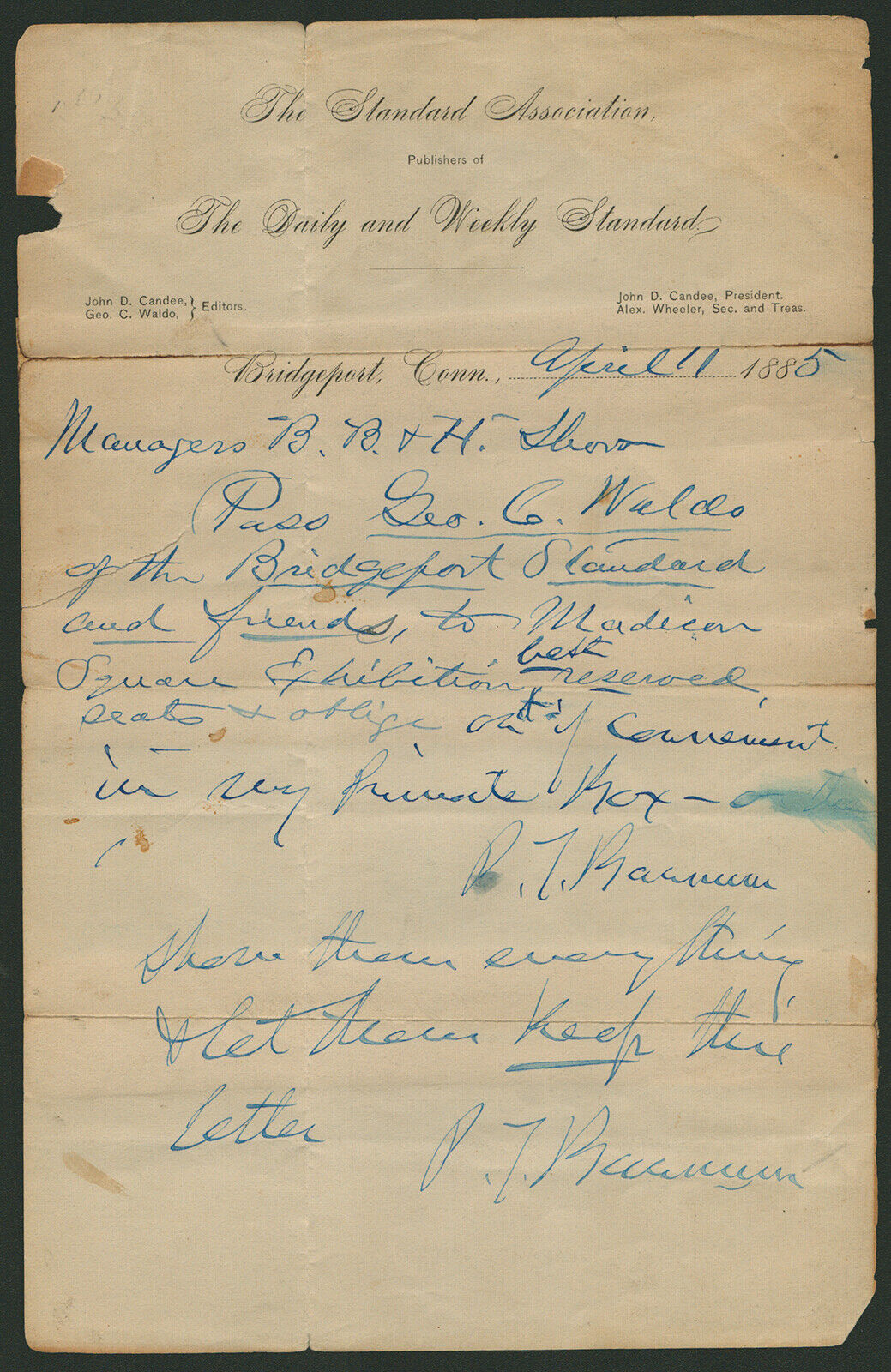 P.T. BARNUM - AUTOGRAPH PASS SIGNED 04/11/1885