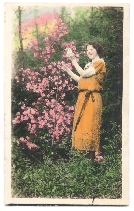 Lovely TINTED Outdoor RPPC - WOMAN Admires FLOWERING TREE ca1910 Photo Postcard