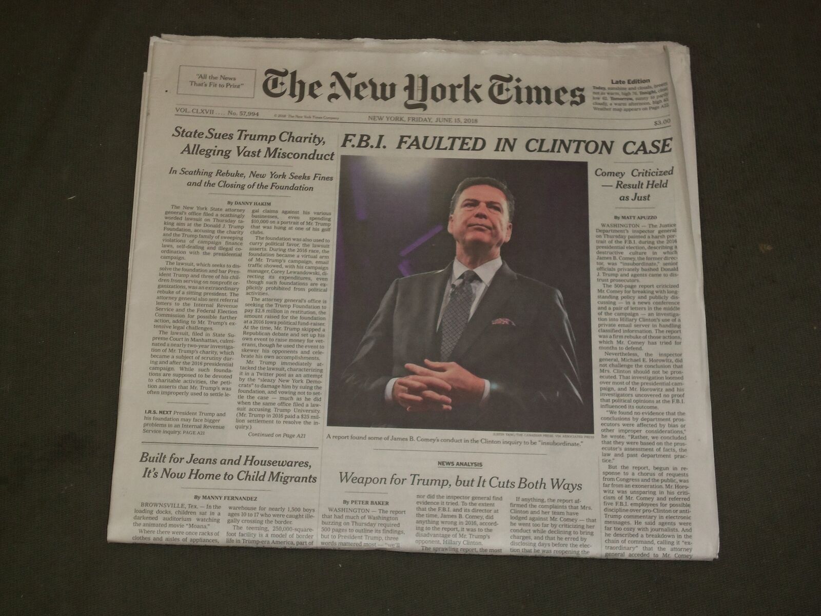 2018 JUNE 15 NEW YORK TIMES- FBI FAULTED IN CLINTON CASE- NYS SUES TRUMP CHARITY