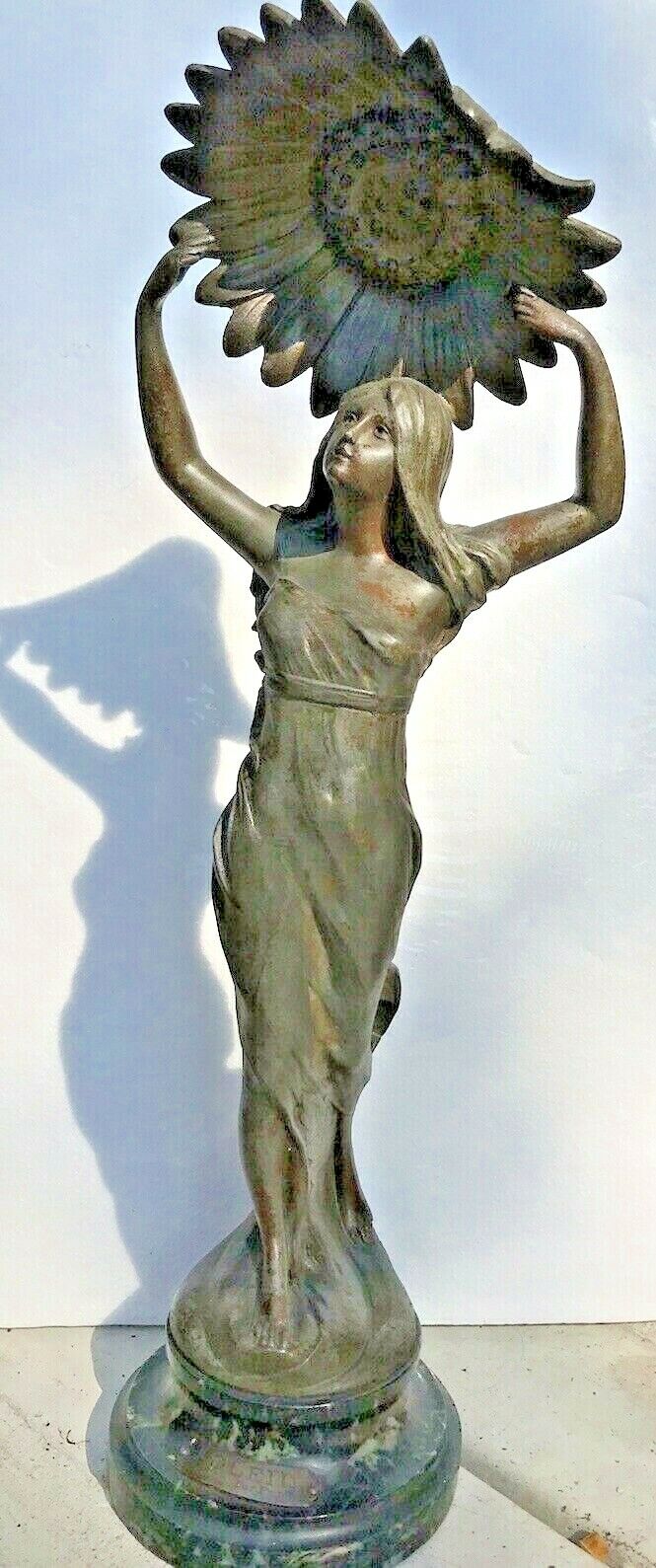 Antique French HENRI FUGERE 1872-1944 Soleil Sun Sunflower Lady Figure Statue 