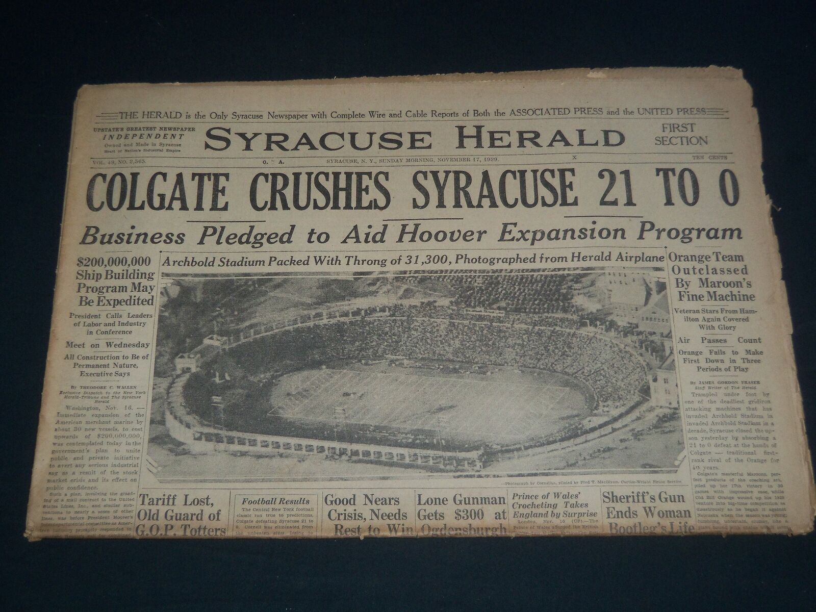 1929 SYRACUSE NY HERALD NEWSPAPER - COLGATE CRUSHES SYRACUSE 21-0 - NP 3788