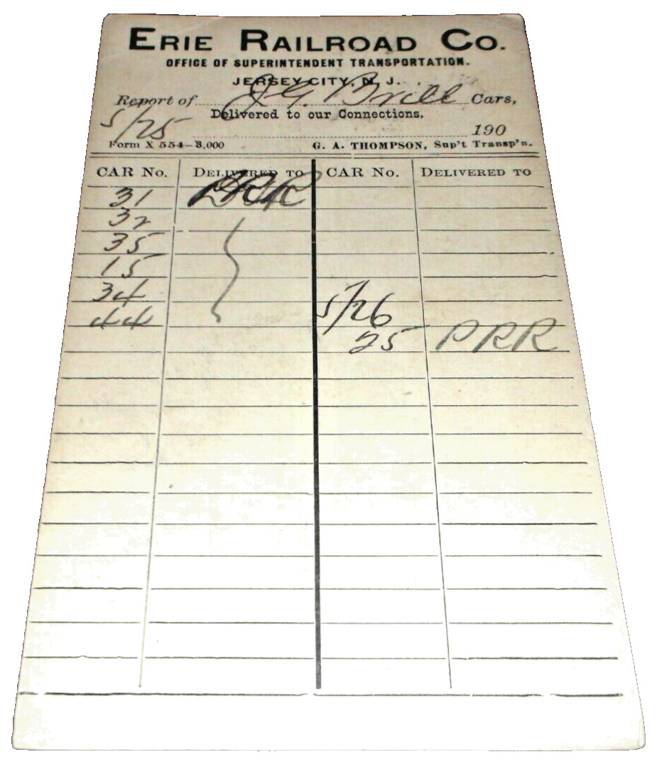 MAY 1900 ERIE RAILROAD INTERCHANGE REPORT POST CARD J.G. BRILL PHILADELPHIA PA