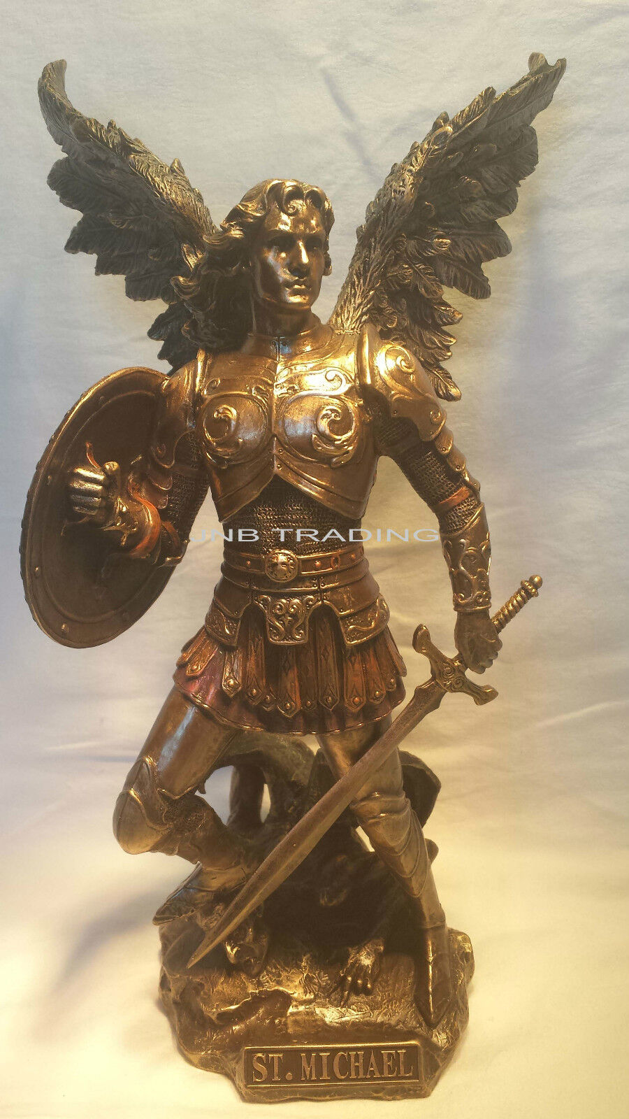 Archangel- Saint St. Michael Standing On Demon W Sword & Shield Statue Sculpture