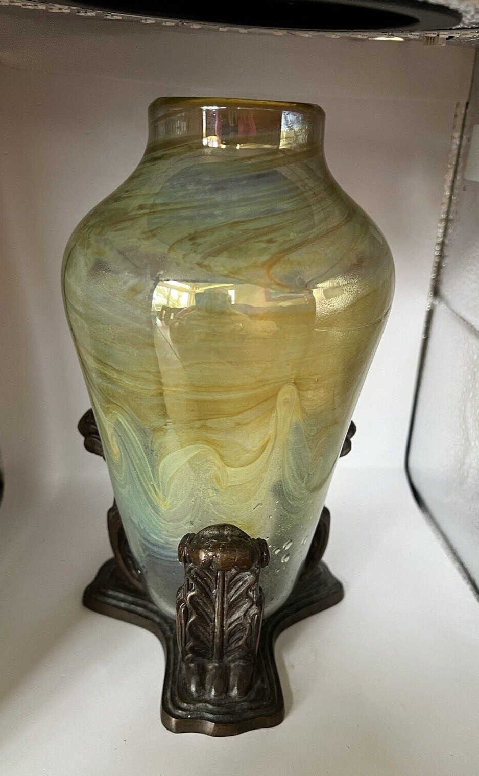 Antique Tiffany LCT / NASH Pulled Feather Big Glass Vase in Tiffany Studios Base