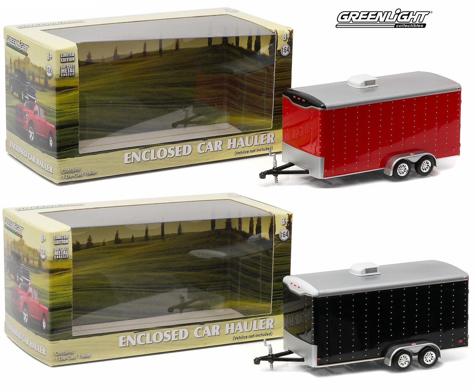 1:64 GreenLight *HITCH & TOW* RED & BLACK *SET* ENCLOSED CAR TRAILER TANDEM AXLE