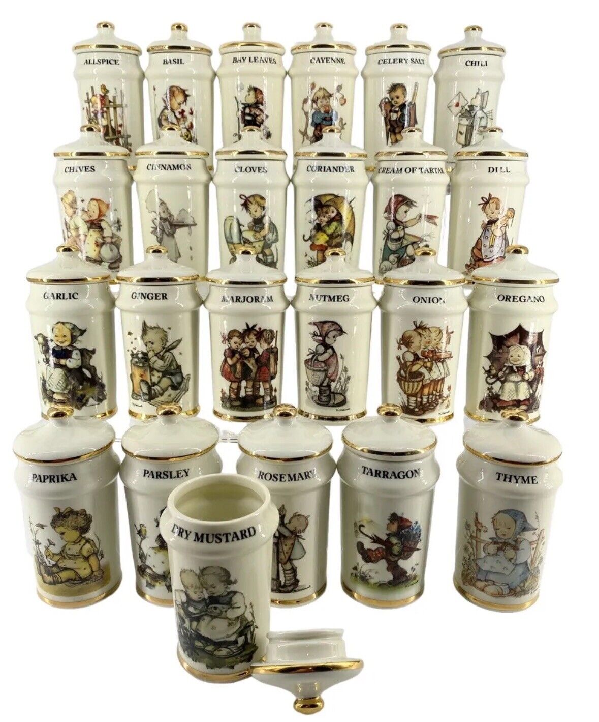 VTG MJ Hummel Porcelain Spice Jars 1987 Danbury Mint 24k Trim Japan Set Of 24